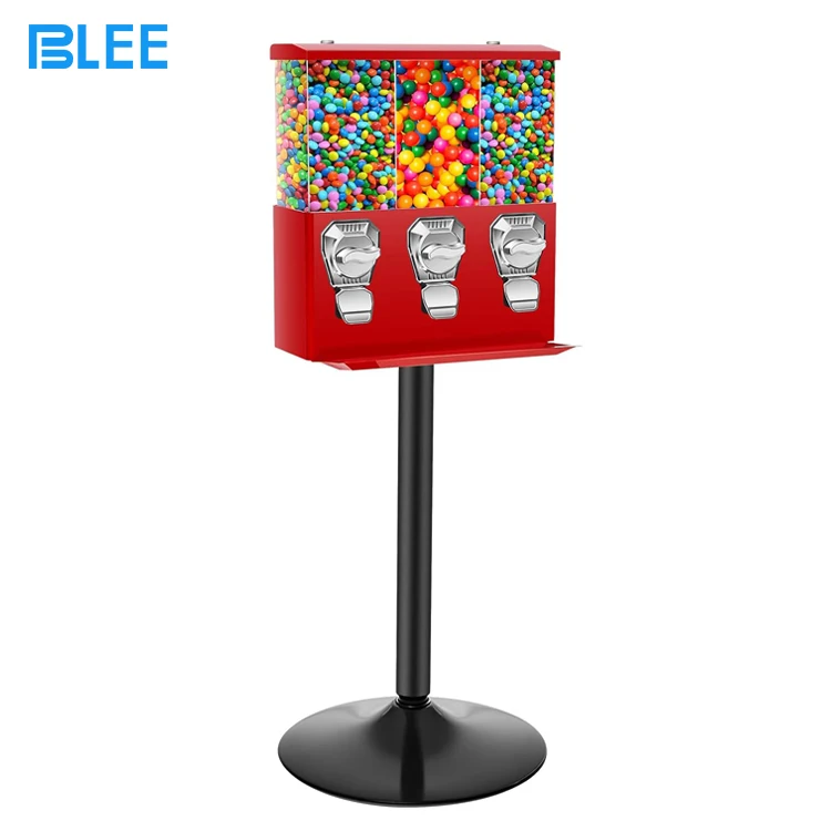 Coin operated red classic candy vending machine business triple compartment gumball dispenser candy vending machine with Stand
