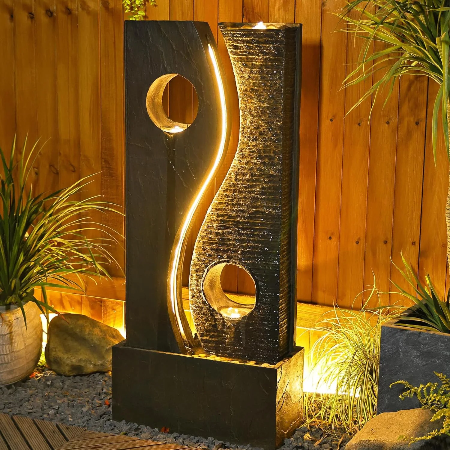 Garden Landscaping And Decking Garden Water Fountain Modern Freestanding Water Feature Fountain Faux Rust With LED Lights