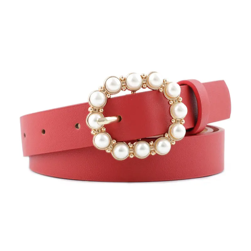New Style Fashion All-match Pin Buckle Leather Belt Ladies Pearl Buckle Belt Women Thin Belt 6 Colors