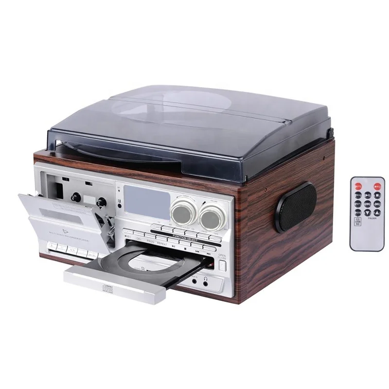 3 Speed Vinyl Record Player Vintage Turntable Bluetooth-compatible CD&Cassette Player Speaker AM/FM Radio USB Recorder