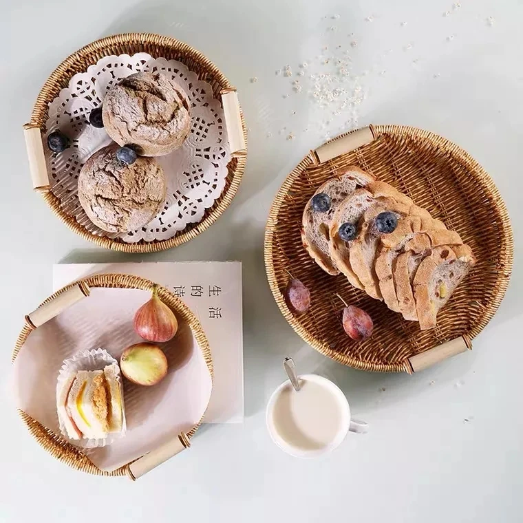 Wholesale  PP Rattan Basket Tray Hand Woven Storage Basket Tray PP Rattan Tray With Handle Plastic basket Home&Kitchen