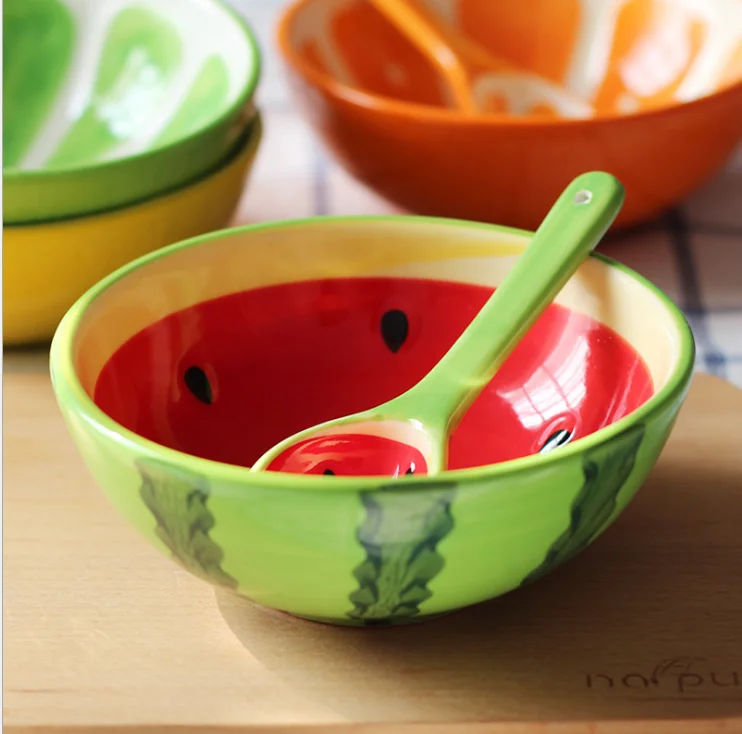 korean ceramic watermelon cereal rice bowl with spoon