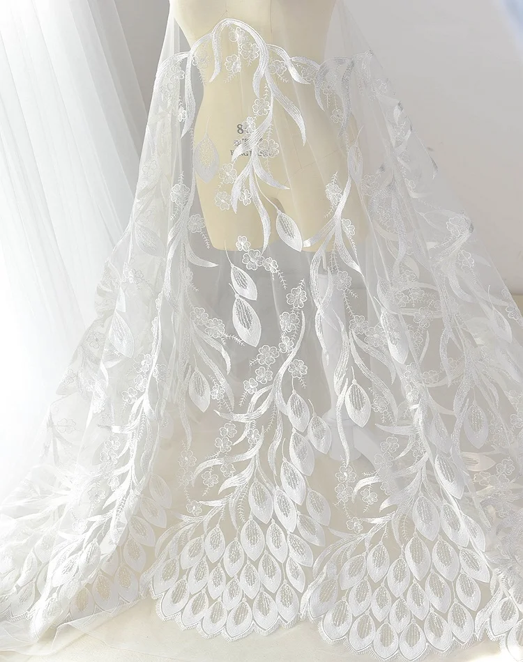 White embroidery Peacock sequin tulle lace fabric for dress