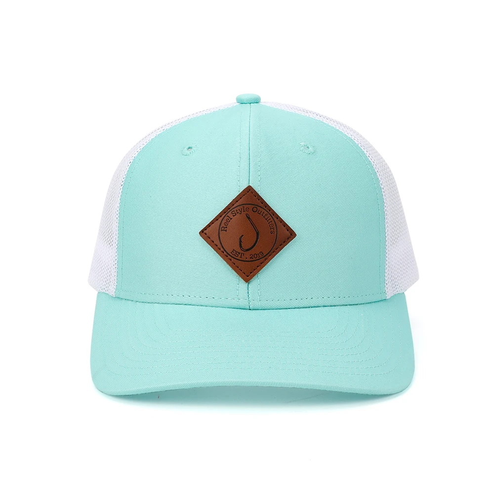 Customize Top Quality Sky Blue Back Polyester Inside Tag Trucker Hat Genuine Leather Brand Trucker Cap