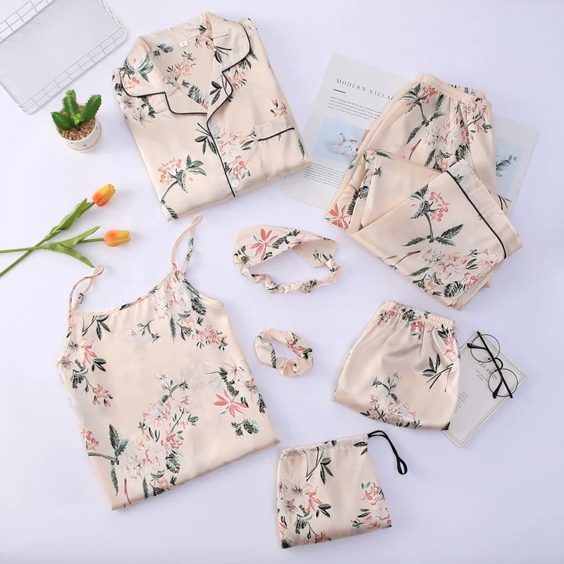 New Arrival Ladies Ice Silk Pajamas Spring, Autumn and Summer Long-sleeved Seven-piece Simulation Silk Sexy Home Service Suit