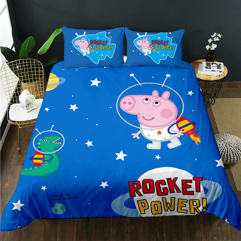 Cartoon 3D printing duvet cover blue Pig family brushed microfiber  bedroom customizable bed sheet bedding
