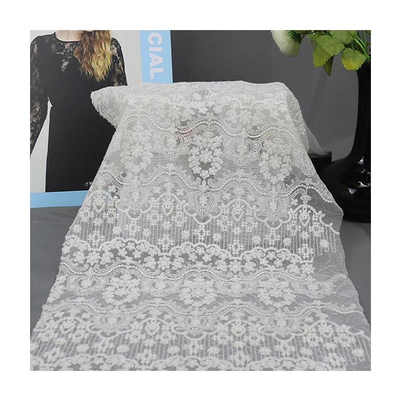 wholesale white flower embroidered mesh lace fabric for women bridal dress