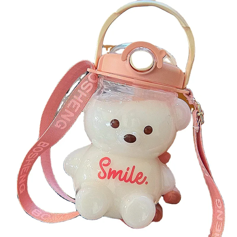 Hot Sale Cute Gradient Color Bear Water Bottle Children Portable Bottles Bears Plastic Water Bottle Cup With Straw Tape