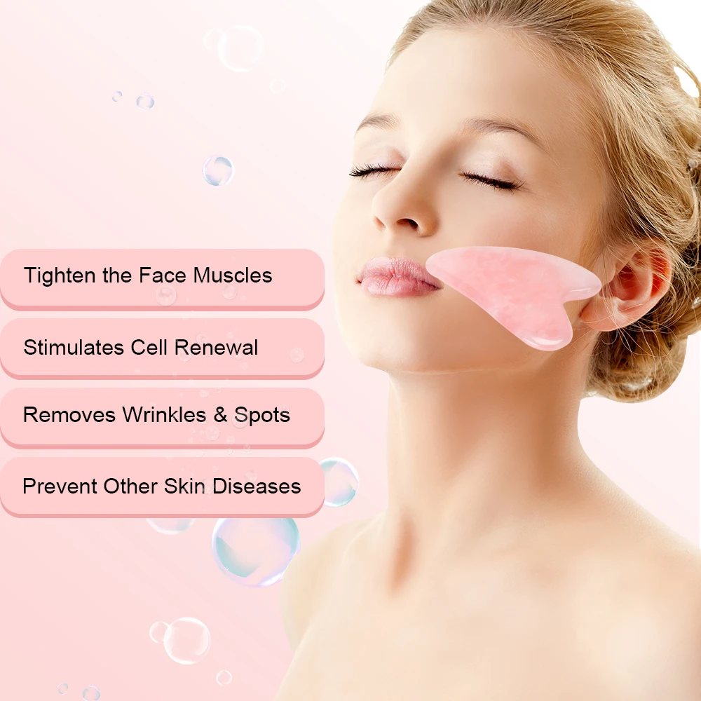 High quality 100% Jade Body Massage Gua sha Rose Quartz Facial Massage Pink Stone Crystal Rose Quartz Guasha Set