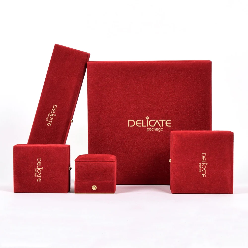 Wholesale Red Jewelry Velvet Box Custom Logo Velvet Jewelry Box Luxury Earring Bracelet Necklace Ring Set Jewelry Packaging Box