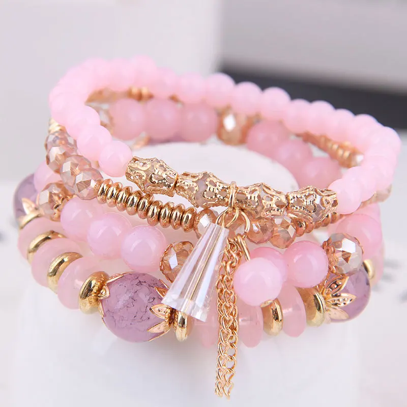 Kingcome 4pcs/pack Bohemian Stackable Bracelets with Tassels Multilayered Stretched Crystal Glass Beaded Bracelets