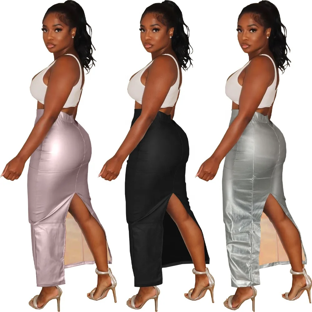 Silver Pink Black Elastic Waist Sexy Straight Long Skirt Lady Boutique Clothing Fall Winter PU Leather Skirts With Split Slit