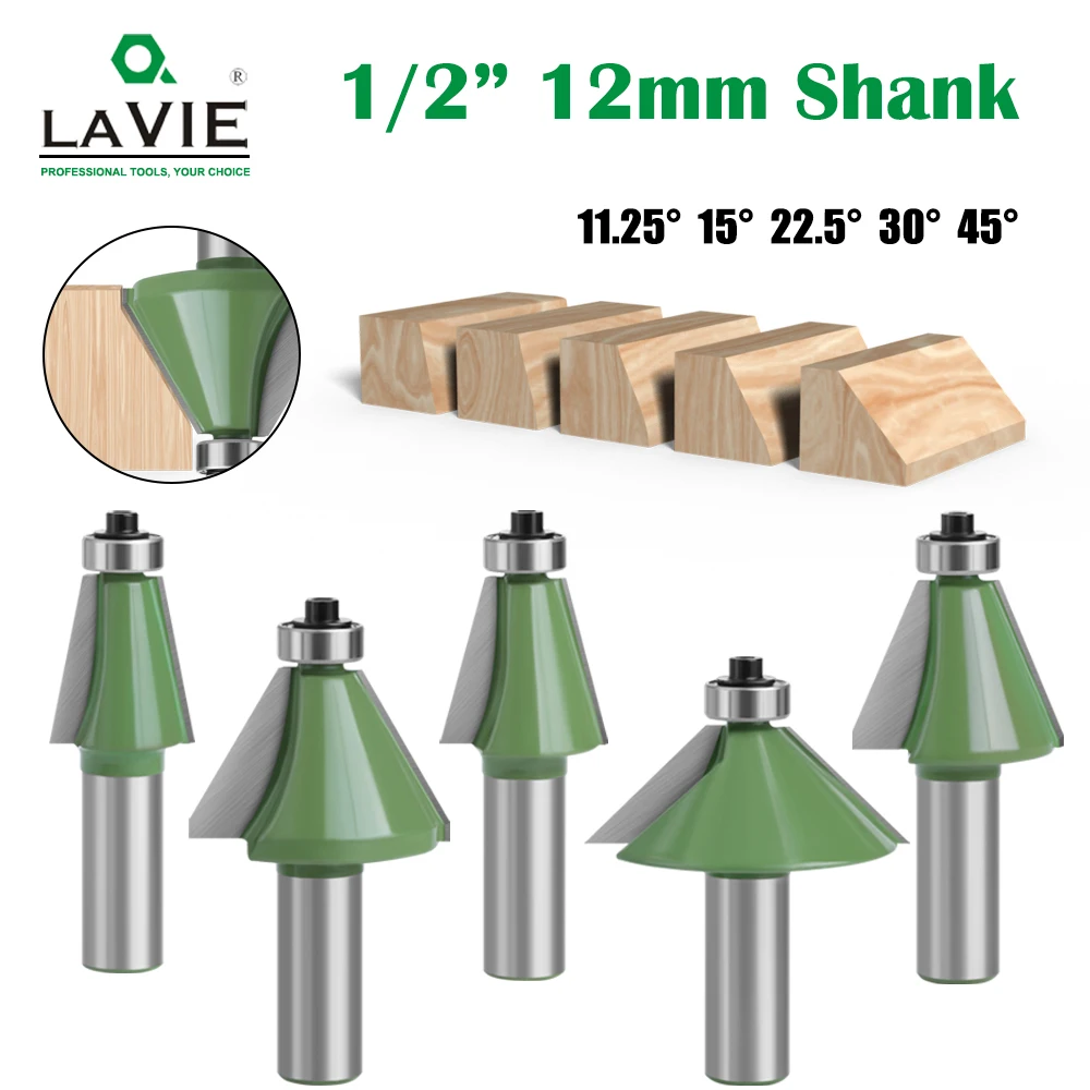 LAVIE 5pcs 12mm 1/2 shank 11.25 15  22.5 30 45 degree  router bit set  beveling knife for woodworking milling cutter-C MC0323