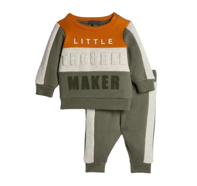 latest Spring Autumn boutique European American baby kids boys cotton letter fleece shirts and pants sets