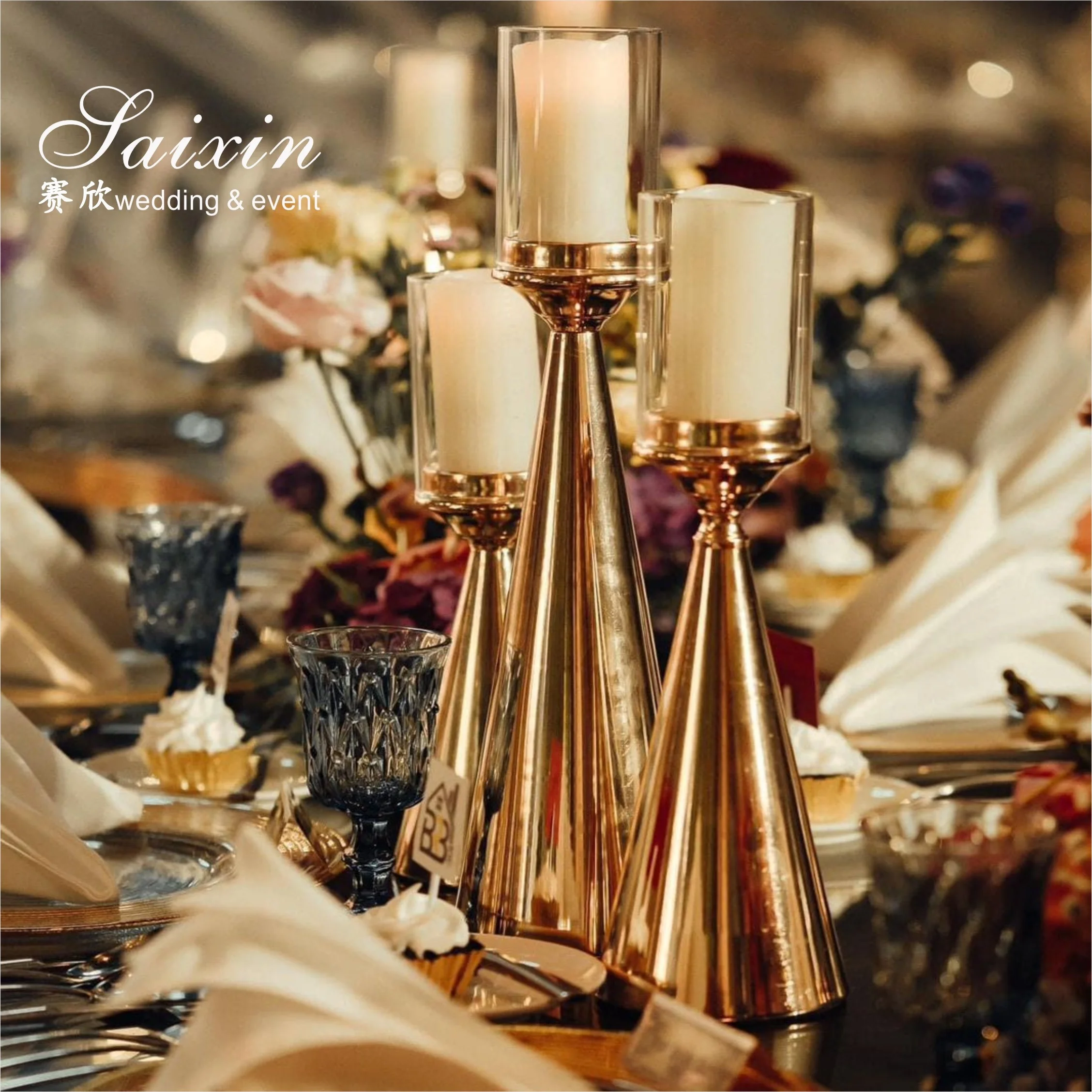 Saixin New Design Wedding Table Decoration Metal Candlestick 3 Pcs Gold Candle Holder