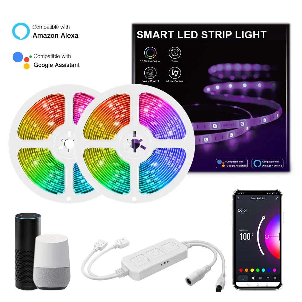 
Wholesale Smart Phone Control 12V Outdoor 5050 Flexible RGB 10M IP65 Waterproof 300 LED Smart Strip Light With Remote Controller 