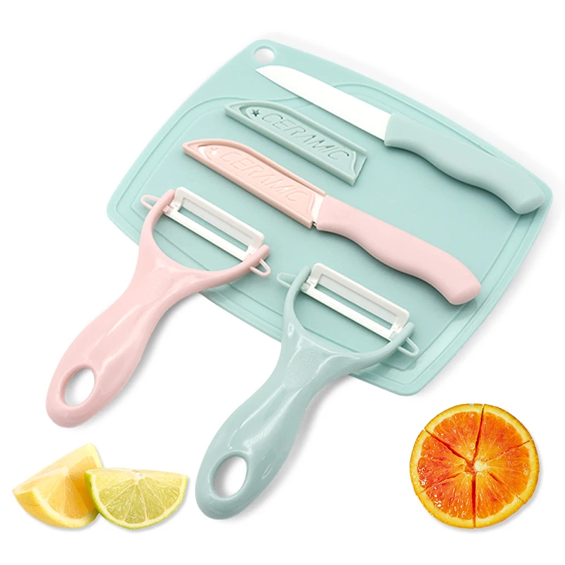 multifunction kitchen scissor suit peeler sharpener plastic handle colorful mini small ceramic fruit knife three-piece set