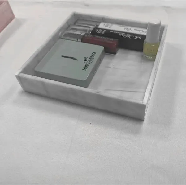 Unique acrylic marble serving tray with handles, acrylic white marble vanity tray