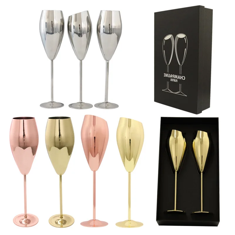 RTS Glasses Champagne Goblets High Quality Stainless Steel RTS Set of 2 Cocktail Gold and Rose Gbar Gift Box Metal Modern