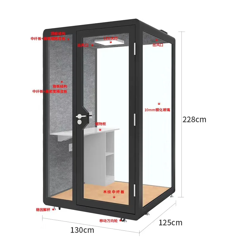 Mini Soundproof Booth Live Webcasting Room Tempered Glass Materials Movable Sound Insulation Function Pod Private Office Space
