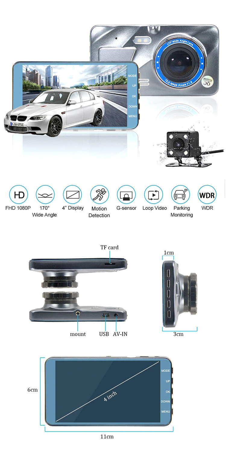Camera Dash Recorder For Cameras Cam Hidden Record Video Vehicle 1080P Dual Recording Front And Back With Driving Side Car Dvr