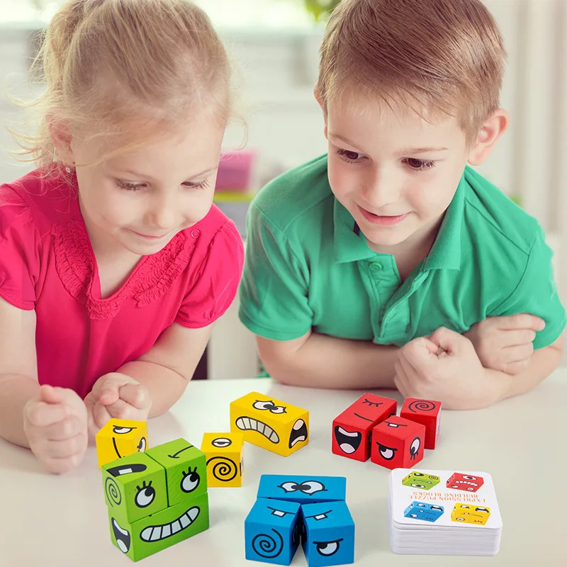 2022 Yicheng Wooden Cube Children Montessori Training Game Wooden Expression Puzzle Building Blocks Face Changing Cube Magic