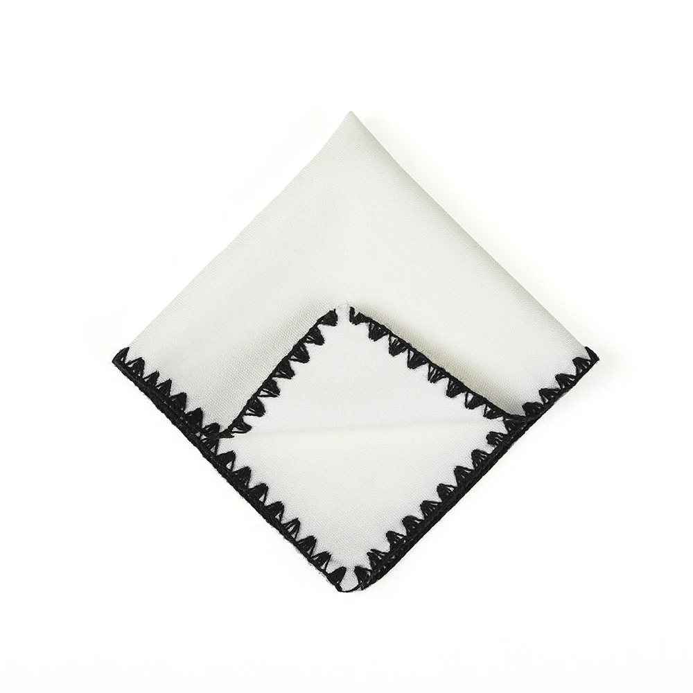 Unique Bright White Knit Cotton Hankie with Whip Stitch Black Bordered Pochette Novelty Pocket Square 10 Inches Man Handkerchief