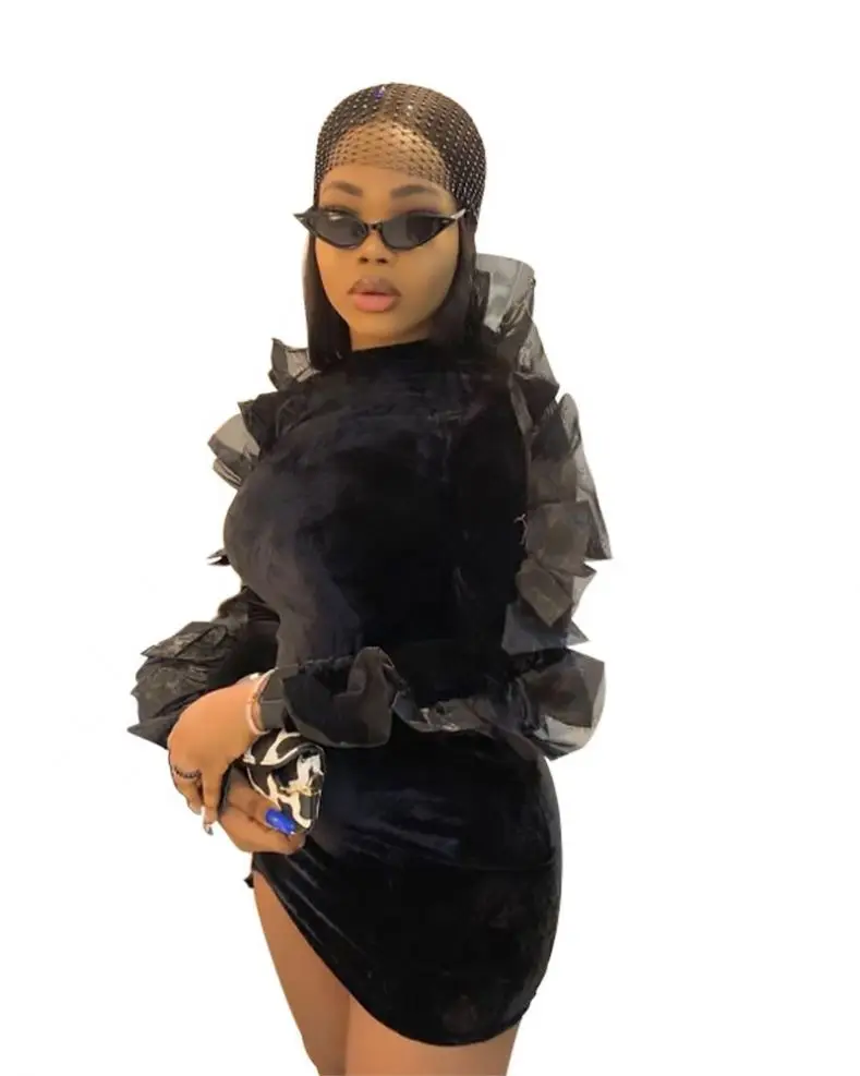 RX  2021 fall o-neck lace mini dress long sleeve black dress velvet women bodycon dresses