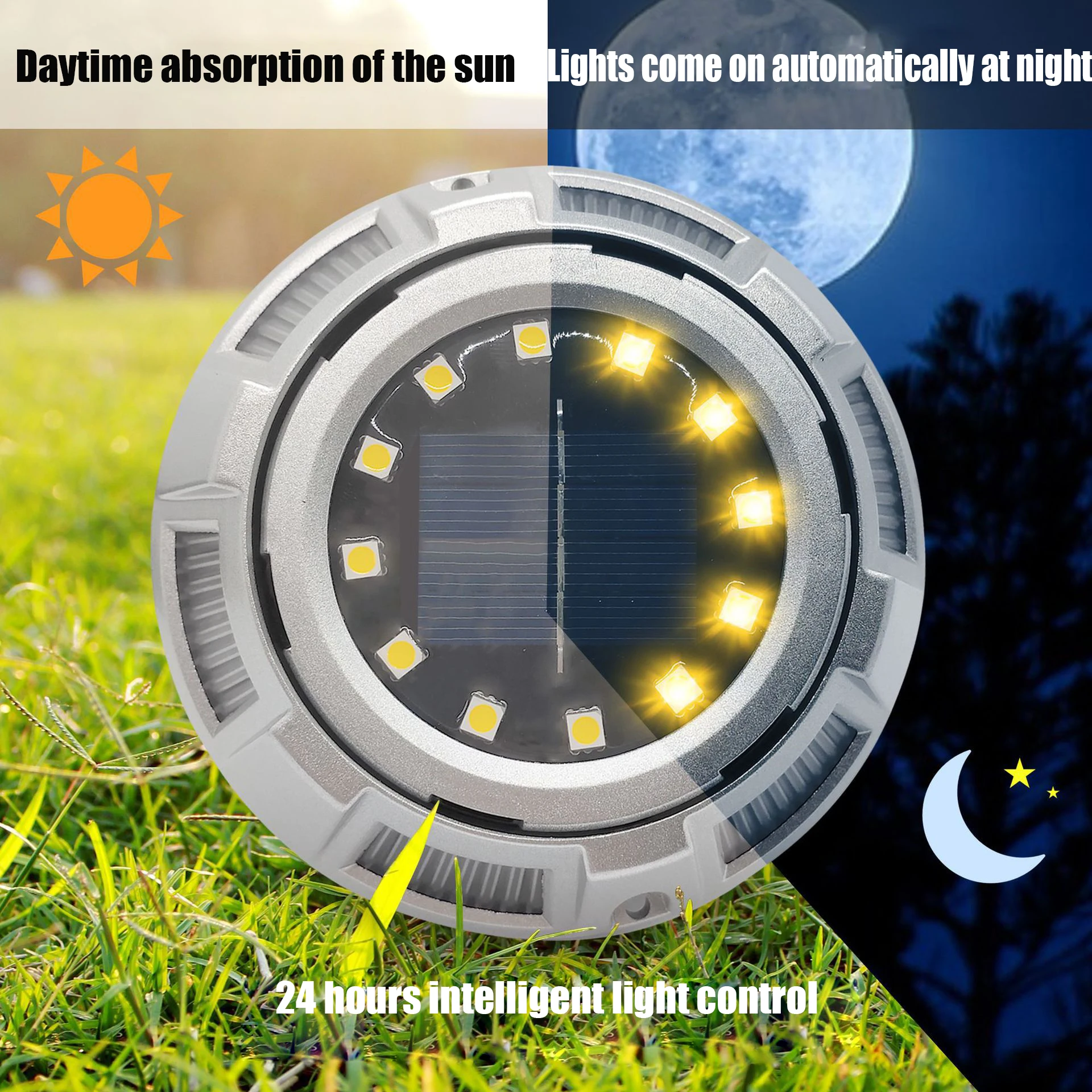 2023 Smart Lawn Patio Led Stainless Steel Solar Powered Disk Lawn Light, Green Powered Outdoor 8 led Solar Garden Light