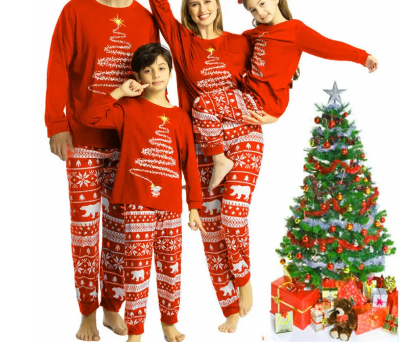 2021 christmas pajamas family matching kids printed long sleeve home wear sleepwear sets