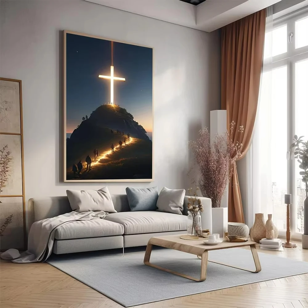 Modern Christian Cross On The Top Of The Mountain Wall Art Jesus Believers Posters Home Church Decor Canvas Print Oil Painting