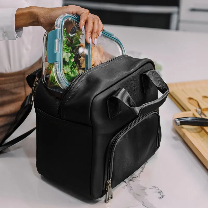 Black Lunch Box Bag For Men & Women Portable Leather Small Lunch Cooler Bag Handheld Insulated Lunch Bag