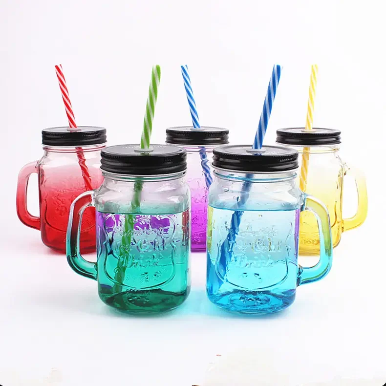 Free sample 500ml 16oz colored glass mason jar glass mason mug cup wide mouth  with lid and straw