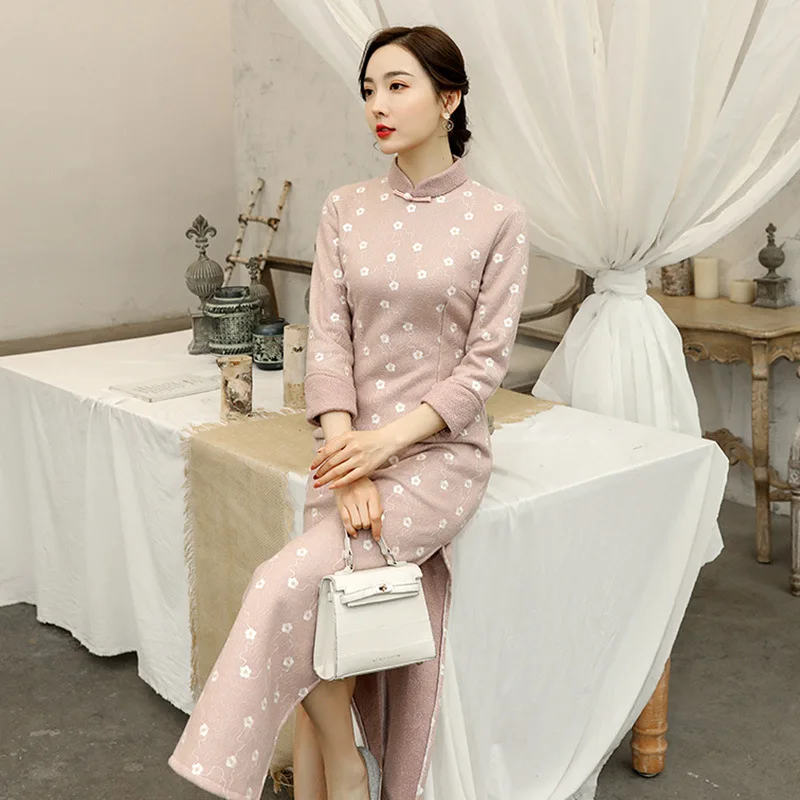 
Wholesale Winter Floral Printed Thick Chinese Dress Traditional Cheongsam Qipao Women 