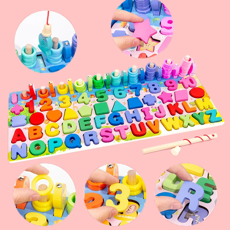 Wholesale Montessori Educational Mathematics Smart Games fishing Sensory Toys Geometric Shapes wooden baby toy