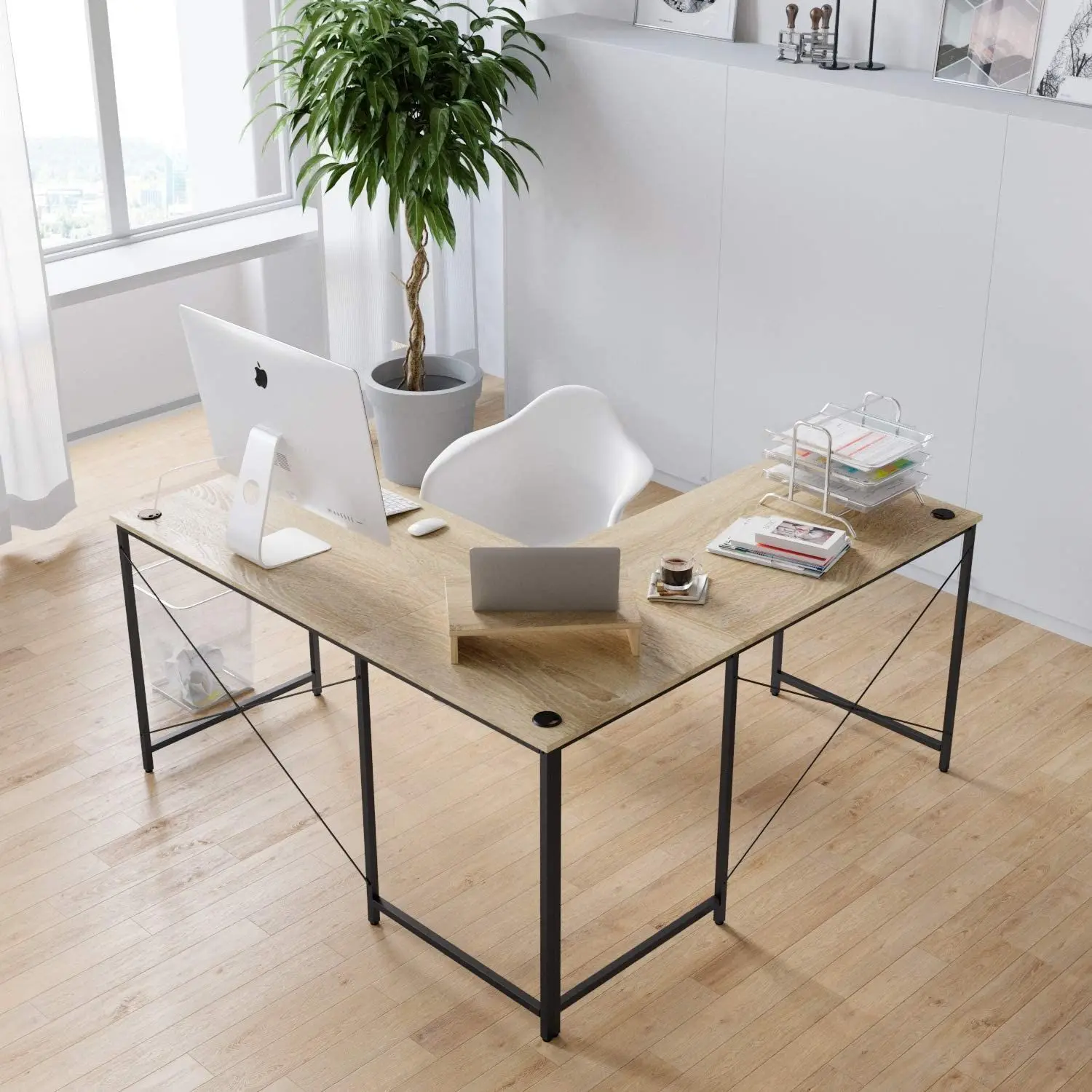 
L Shaped Desk Reversible Corner Computer Desk with Shelf and Stand, Gaming Desks Space Saving Home Office Workstation Table 