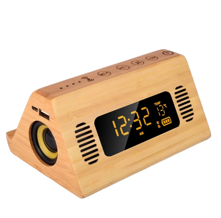 New Design Product Portable 4 In 1 Bamboo Bluetooths Speaker Alarm Clock With Wireless Charger Stand And Power Bank