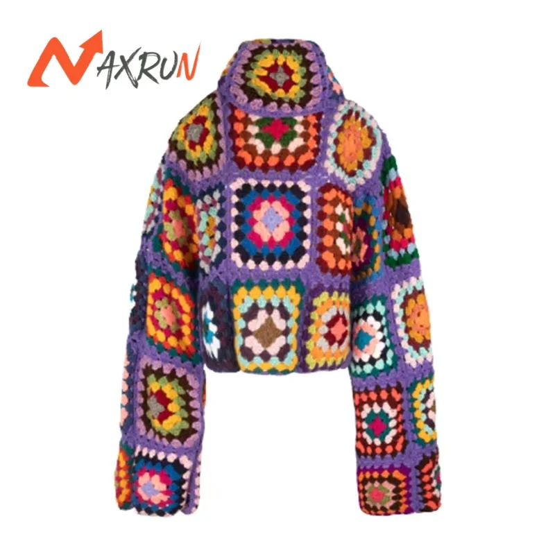 Fashion Design colorful  women tops Cardigan knitted choker sweater Square Hand Crochet Plaid Pattern knitted jacket