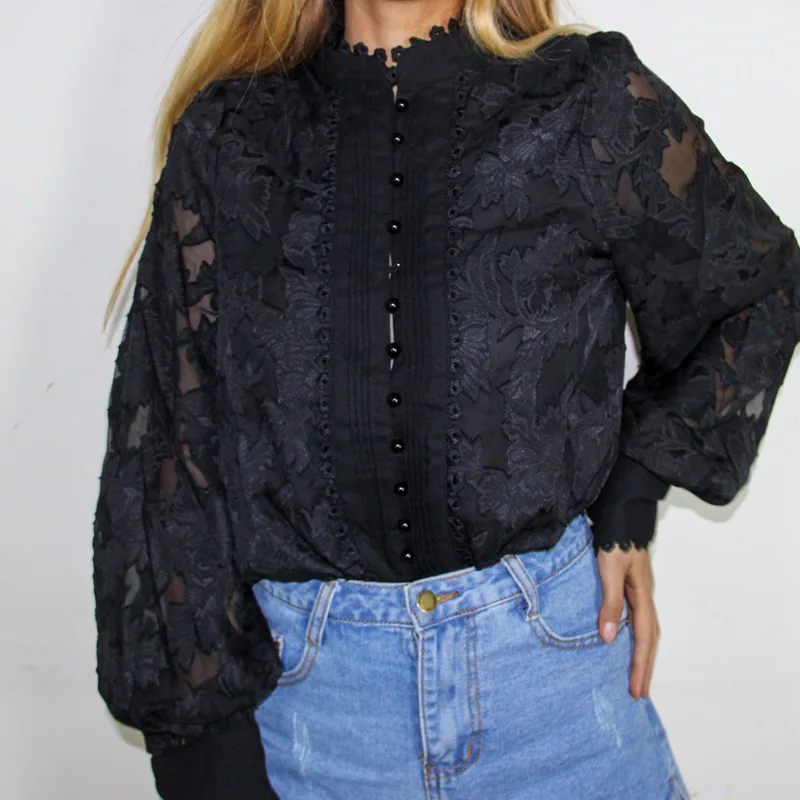 2022 Single-breasted standing collar lace women shirt long lantern sleeve black women blouse