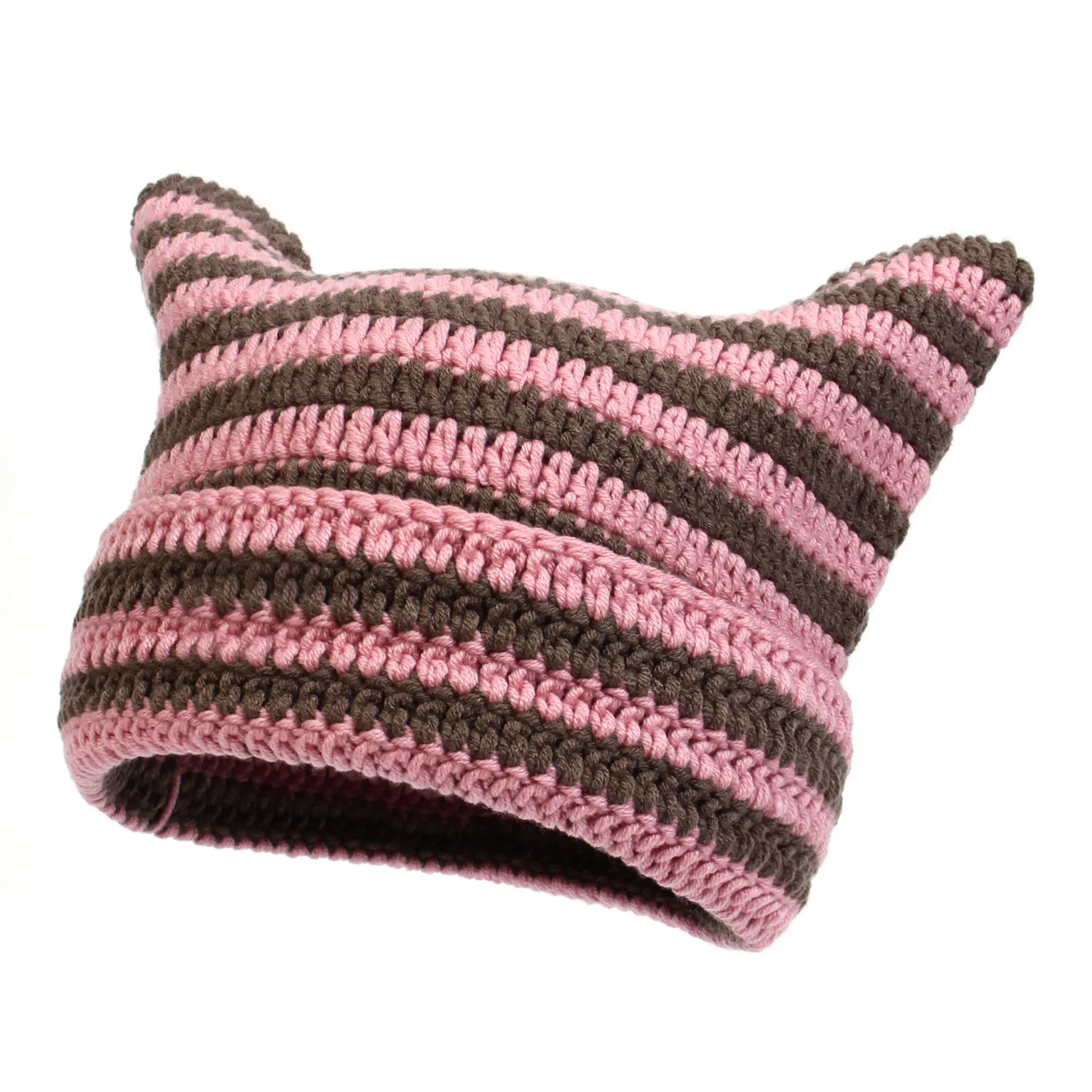 Adorable Handcrafted Striped Knit Hat with Cat Ears and Devil Horns Cozy Casual Winter Hat for Cross-Border Sales