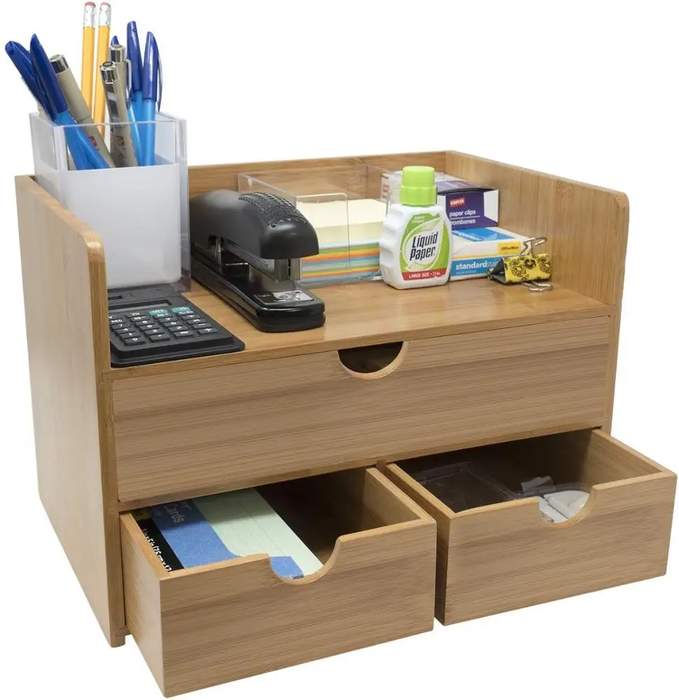 3-Tier Bamboo Shelf Organizer for Desk with Drawers   Mini Desk Storage for Office Supplies, Toiletries, Crafts, etc