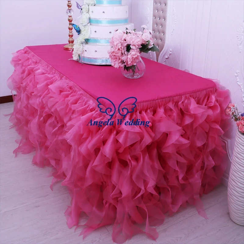 CL010R  manufacture wholesale price 6ft rectangle ruffled curly willow frilly fancy hot pink table cloths with top for wedding