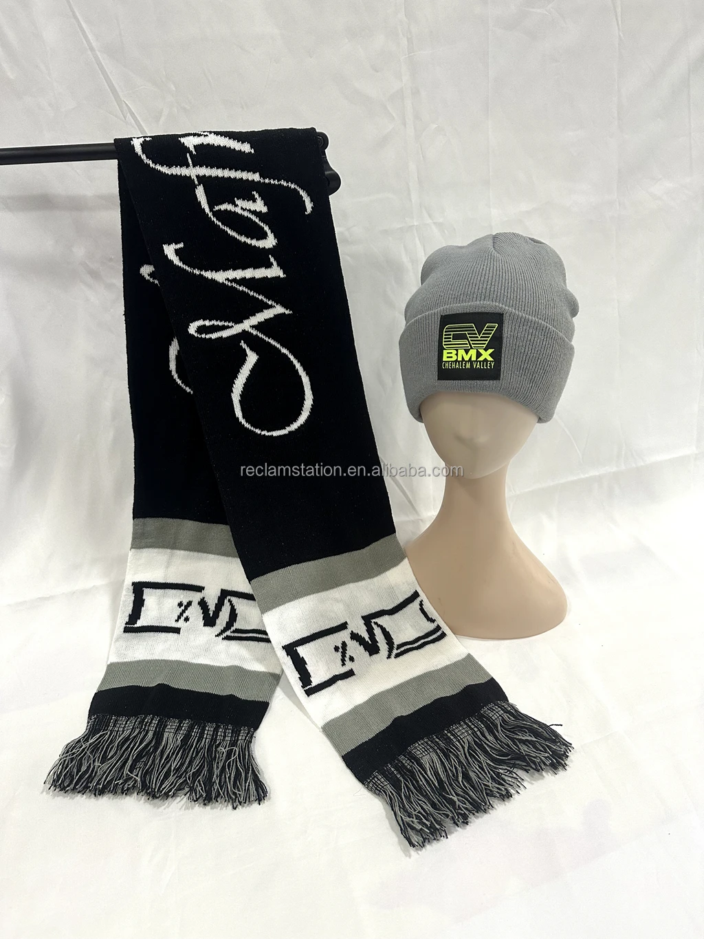 Winter Beanie Hats with  pom pom ball on top and Customized own design trophy star yellow blue Scarf  Set