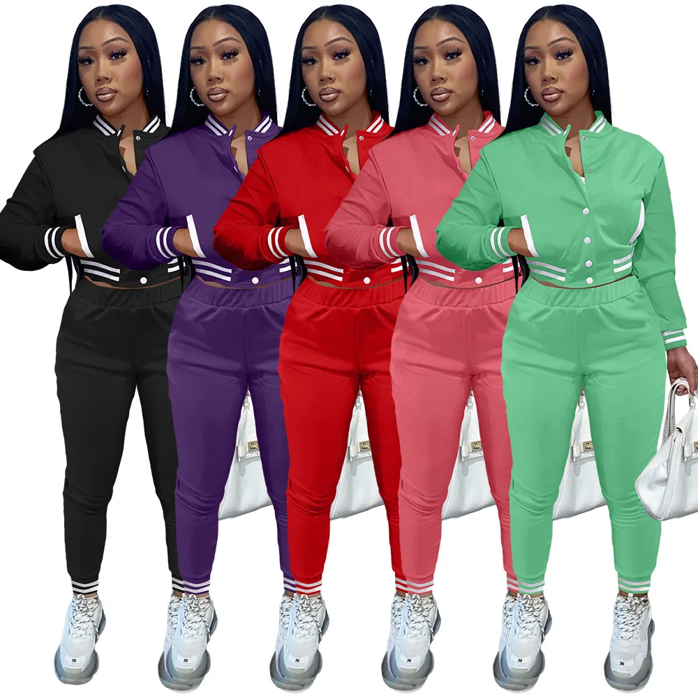 Dropshipping 2022 New Arrivals Long Sleeve Jersey Jacket Solid Color Woman Varsity Jackets 2 Piece Pants Set