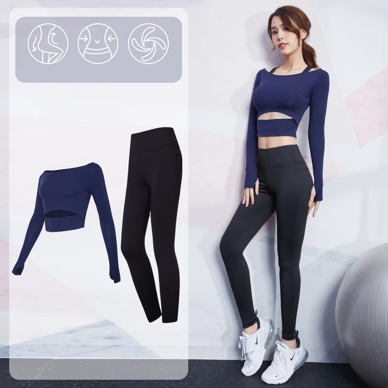 Crop Top and High Waisted Workout Leggings Set Fitness Yoga Suit Womens Long Sleeve Sportswear Fitness & Yoga Wear 1 Set
