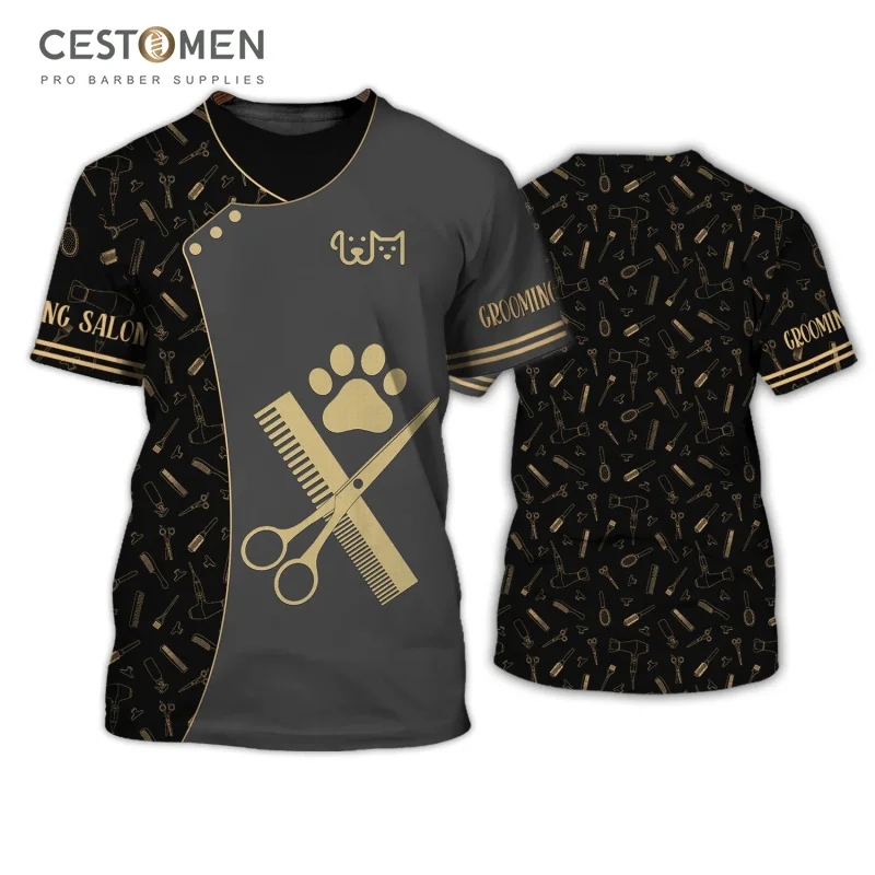 CESTOMEN 3D Print Custom Logo Pattern Pet Groomer Uniform Smock T Shirt Oversized Short Sleeve Dog Grooming Uniform For Pet Shop