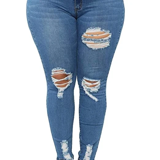 Женские рваные Стрейчевые синие джинсы большого размера, рваные джинсы, узкие джинсы