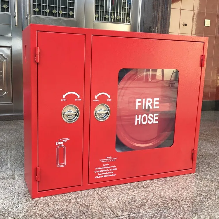 High quality red double door stand type fire hose reel cabinet, outdoor fire extinguisher box