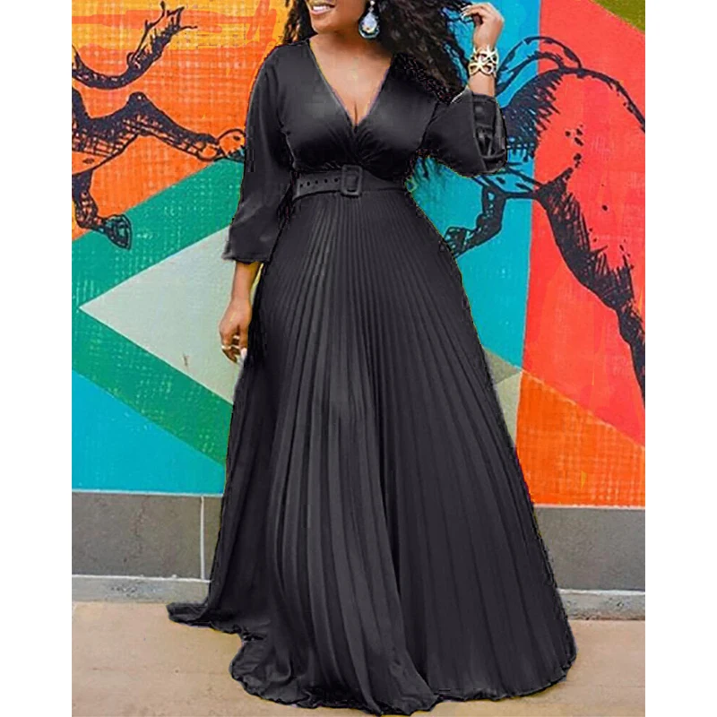High quality high waisted slimming solid color temperament retro chiffon long sleeved dress (with belt included)