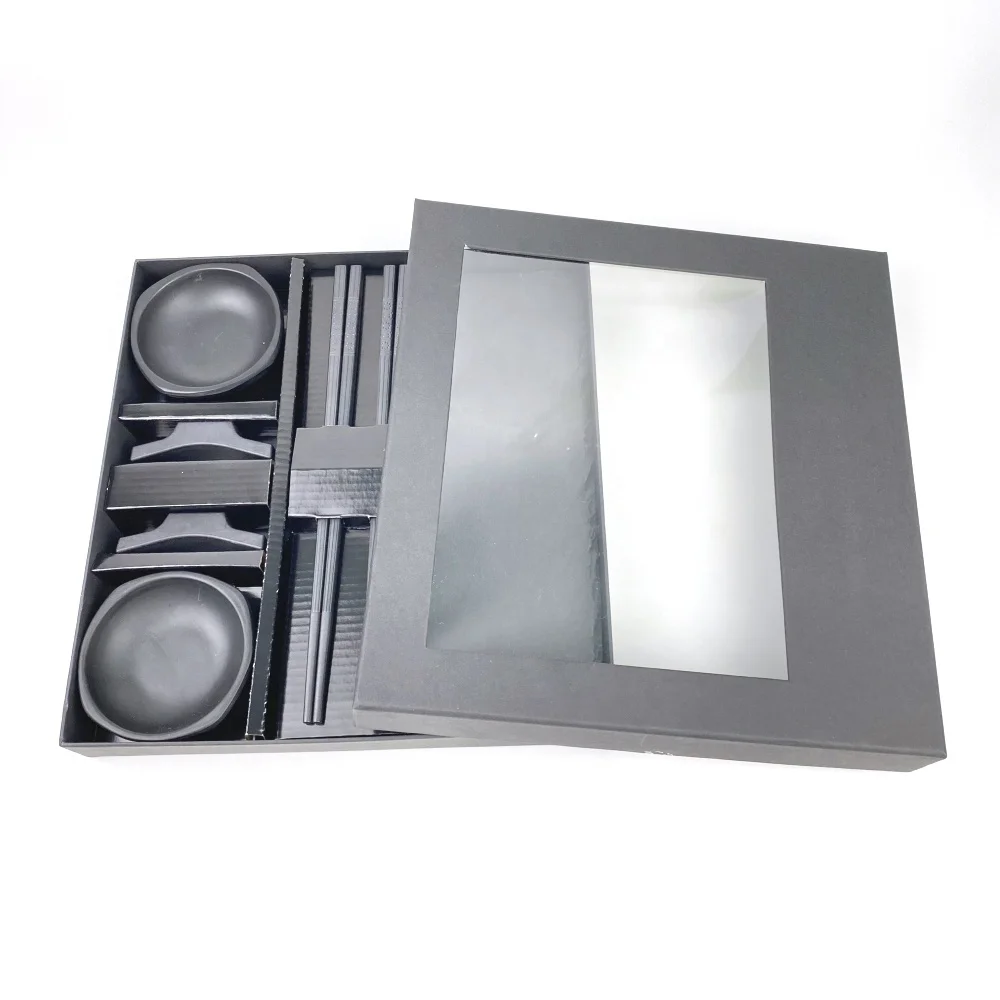 Japanese  Nature stone Black Slate  Plate melamine sauce  with fiberglass Chopsticks Dinnerware Set  for 2 person Gift set